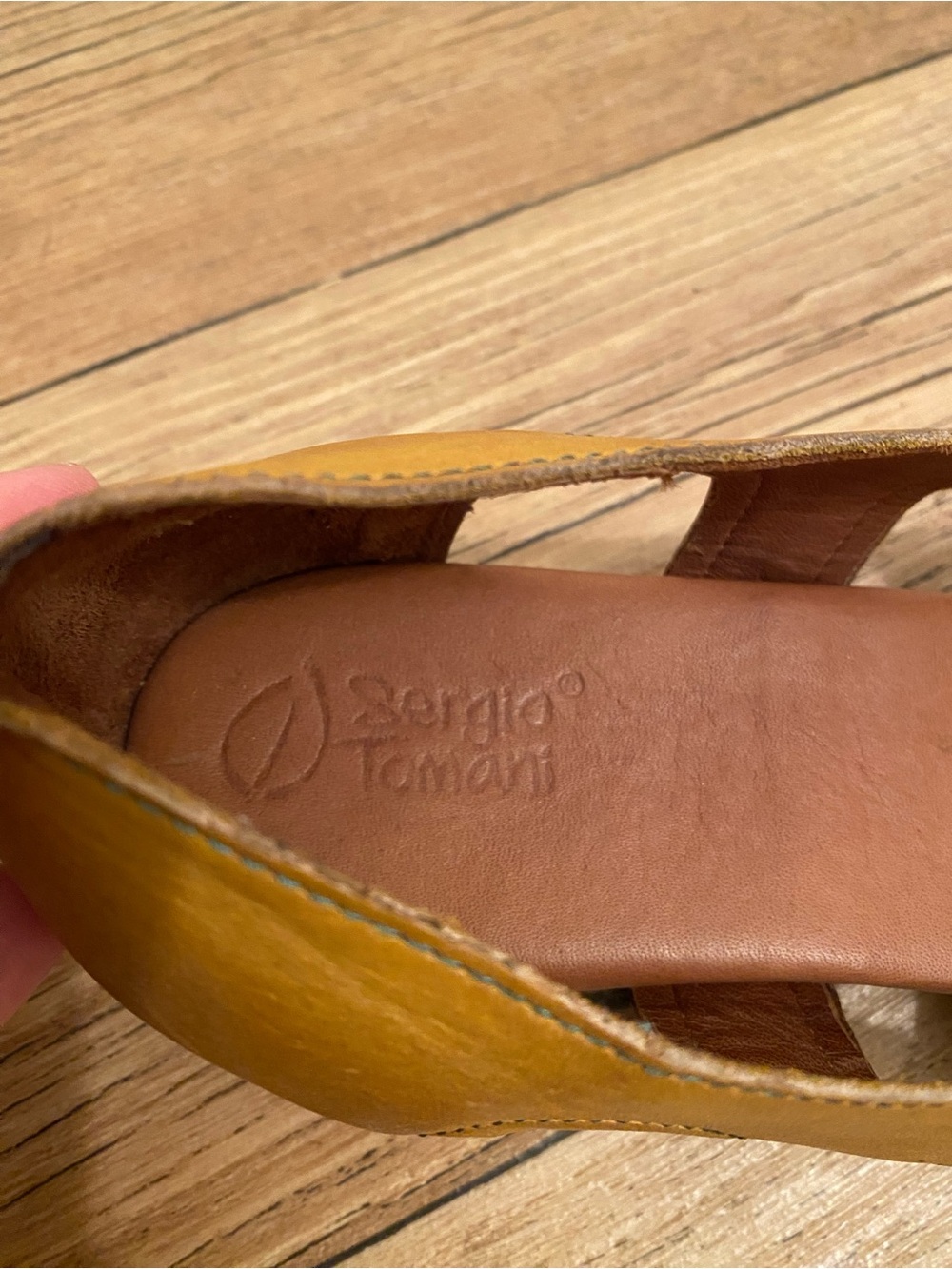 Women's Mustard Yellow Leather Peep-Toe Flats - Picture 3 of 4